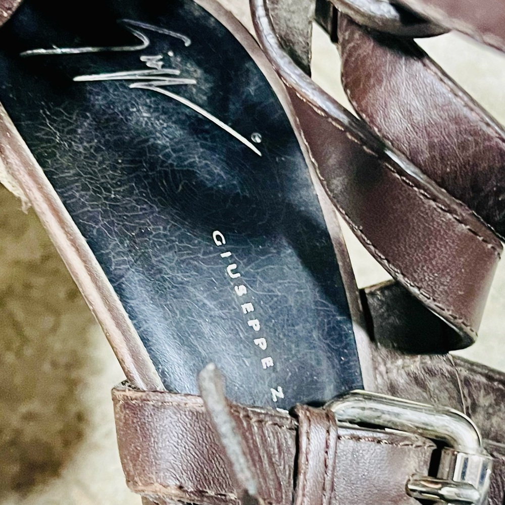 Giuseppe Zanotti Brown Leather and Khaki Canvas Stiletto Sandals - Picture 7 of 8